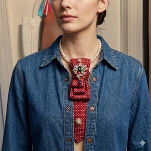 Stafford Upcycled Silk Tie Statement Necklace Red Geometric Pearl Crystal Brooch
